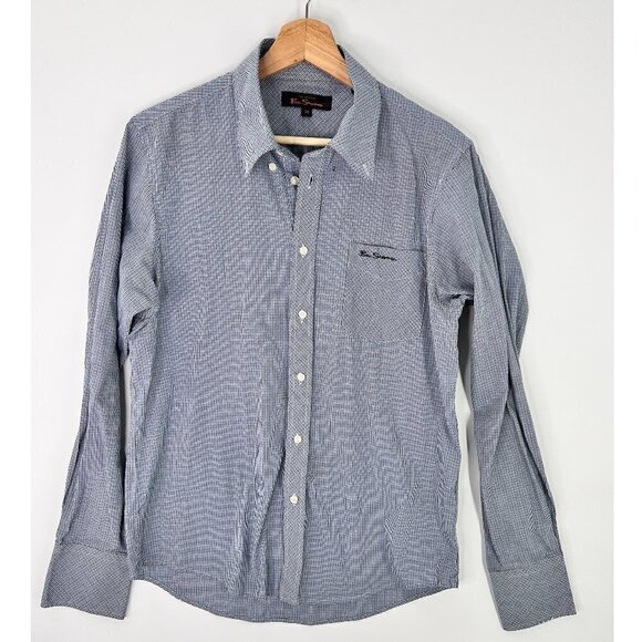 Ben Sherman Blue Checked Long Sleeved Cotton Dress Shirt Men's Medium - Picture 1 of 9